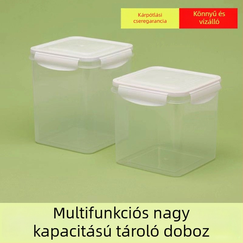 Plasztikus tárolóedény, négyzet alakú, élelmiszer és gabona tárolására, egymásra rakható, kapacitás 501–800 ml