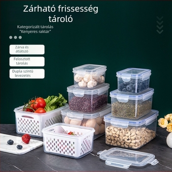 Műanyag négyszögletes frissességmegőrző doboz a konyhához, 1–2 L kapacitás, kétszintes
