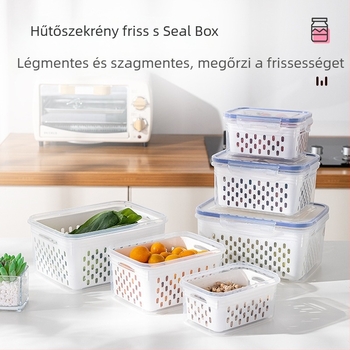 Műanyag négyszögletes frissességmegőrző doboz a konyhához, 1–2 L kapacitás, kétszintes