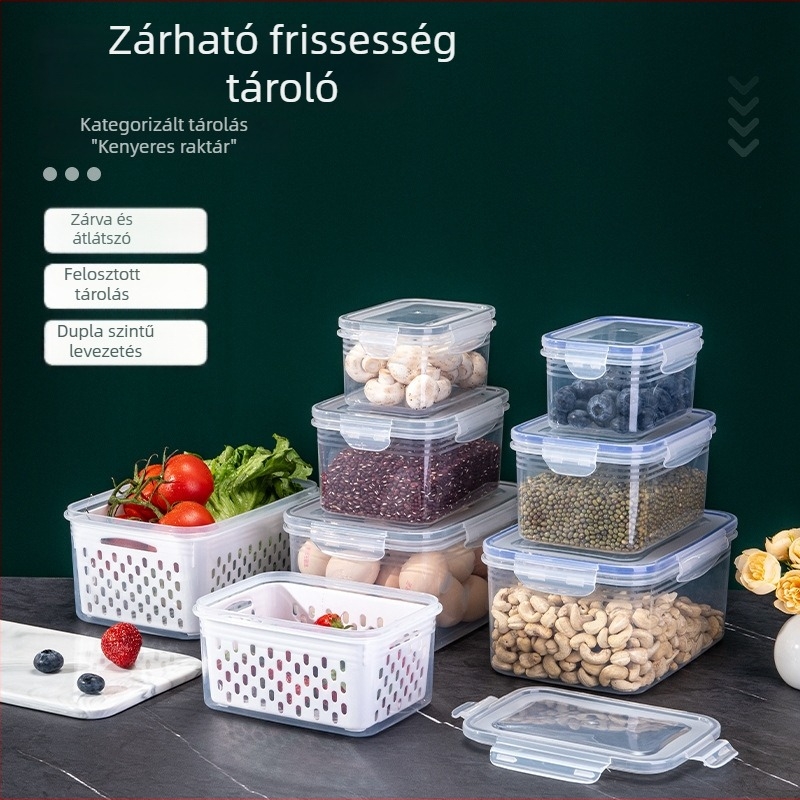 Műanyag négyszögletes frissességmegőrző doboz a konyhához, 1–2 L kapacitás, kétszintes