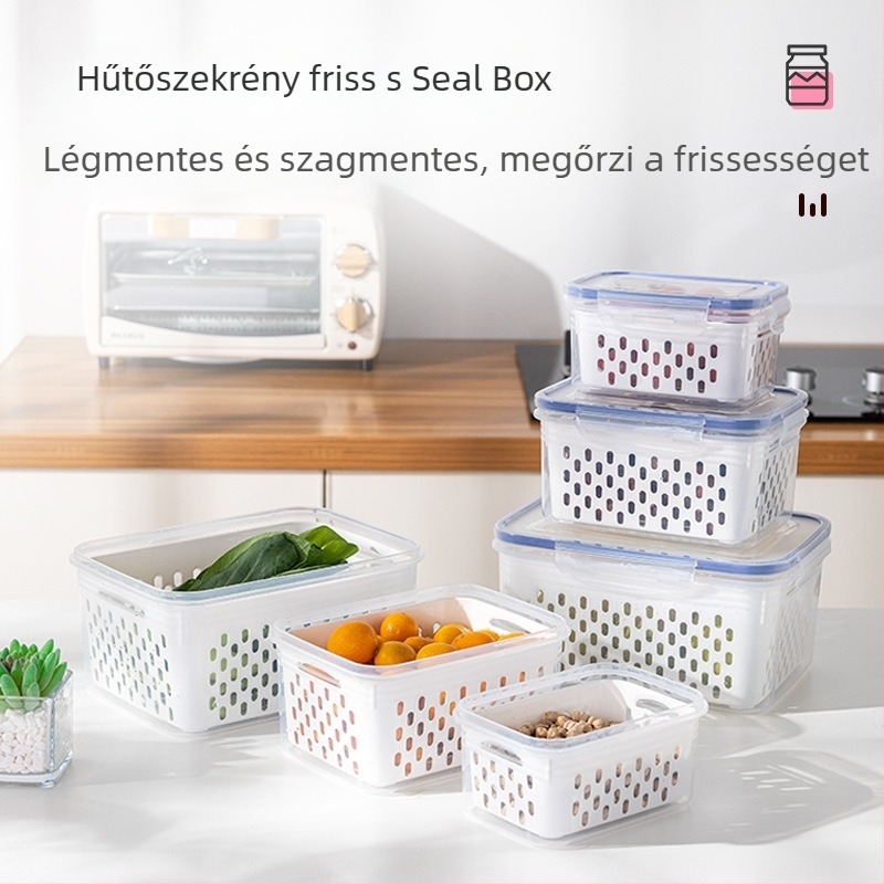 Műanyag négyszögletes frissességmegőrző doboz a konyhához, 1–2 L kapacitás, kétszintes