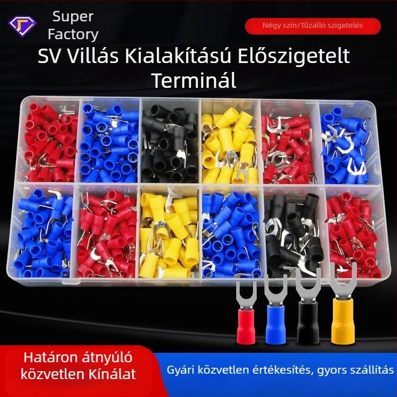 SV terminálkészlet dobozban – villa típusú előre szigetelt crimp terminálok, professzionális használatra