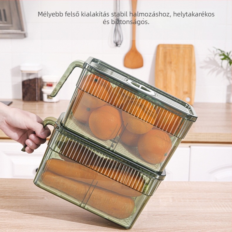 PET+PP anyagú hűtőszekrény tároló doboz, hordozható, tárolási és frissesség megőrzési funkciókkal, drenázs funkcióval, modern minimalista stílus