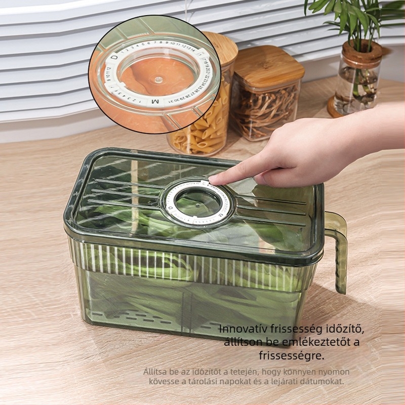 PET+PP anyagú hűtőszekrény tároló doboz, hordozható, tárolási és frissesség megőrzési funkciókkal, drenázs funkcióval, modern minimalista stílus
