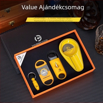 HANNICOOK Szivar eszköz készlet: rozsdamentes acél V-vágó, lapos szivarolló, szivarlyukasztó, hamutartó