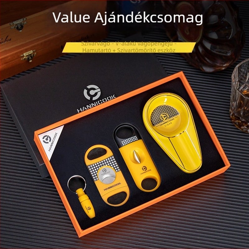 HANNICOOK Szivar eszköz készlet: rozsdamentes acél V-vágó, lapos szivarolló, szivarlyukasztó, hamutartó