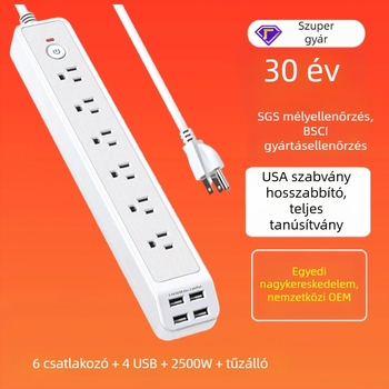 6‑aljzatos hosszabbító USB‑porttal, túláram elleni védelem, lángálló ABS burkolat, CE tanúsítvány