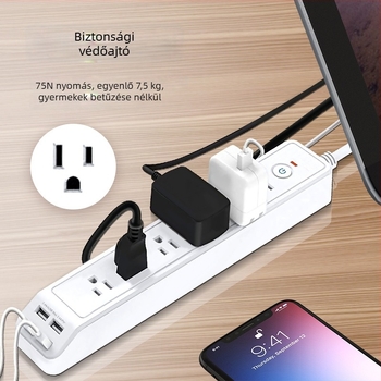 6‑aljzatos hosszabbító USB‑porttal, túláram elleni védelem, lángálló ABS burkolat, CE tanúsítvány