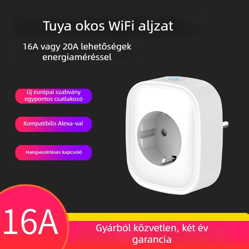 Intelligens Wi-Fi dugaszoló aljzat távirányítóval és időzítővel – Alexa-kompatibilis, 16A, 110–240V, 3680W, foszfor-bronz érintkezők