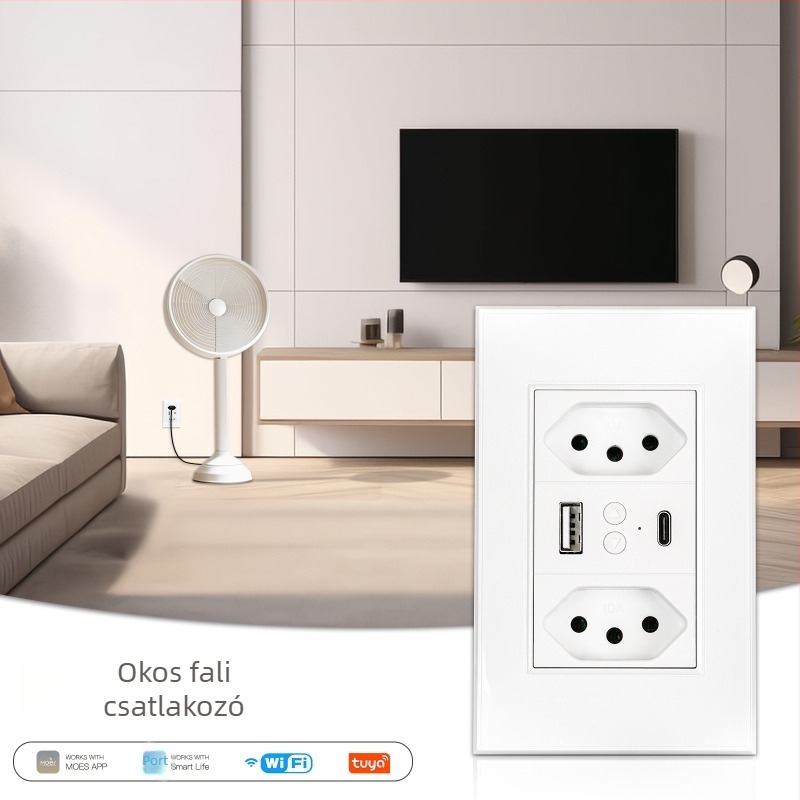 WiFi-vel ellátott okos brazil szabványú falba épített konnektor USB-C és USB 5V2A
