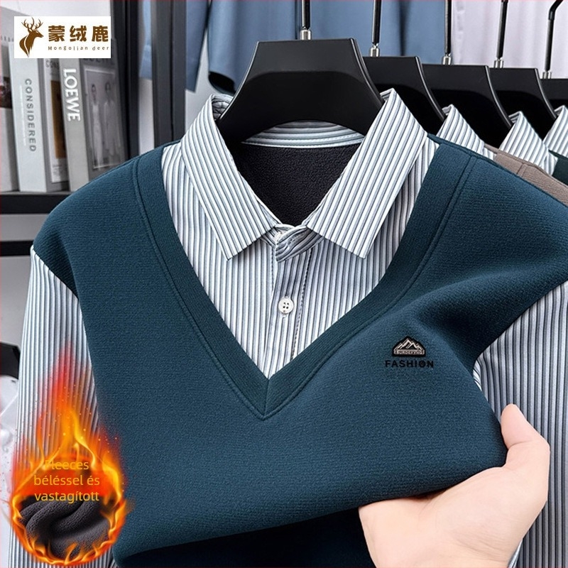 Polo felső - Casual, hosszú ujjú, csíkos, fleece bélés, tavasz–ősz