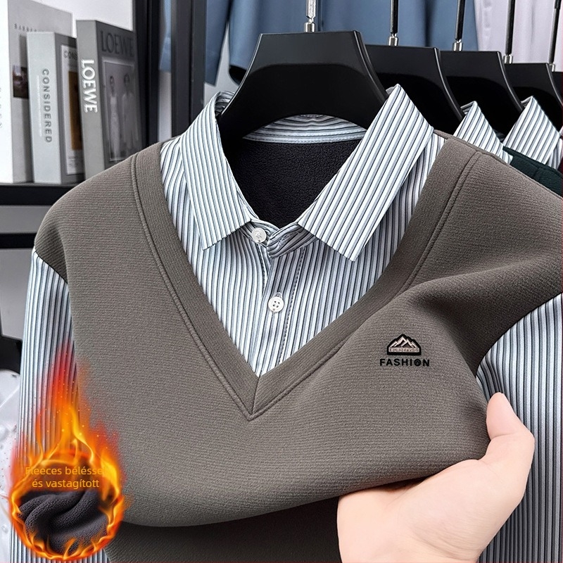 Polo felső - Casual, hosszú ujjú, csíkos, fleece bélés, tavasz–ősz
