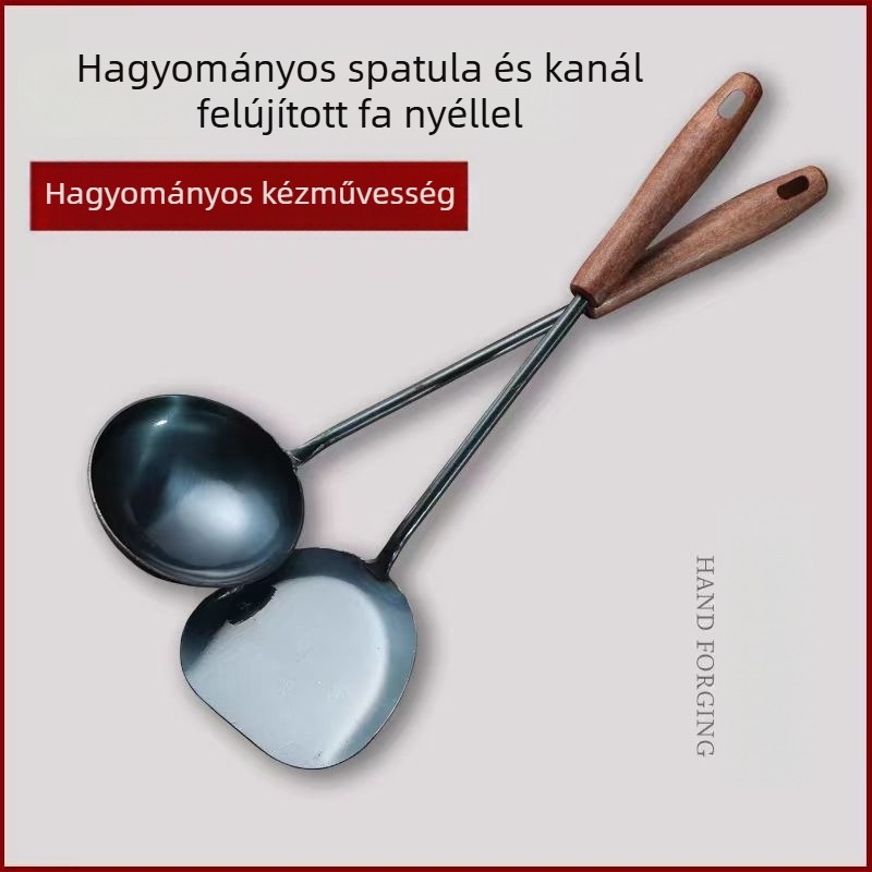 Kézzel készített vas kanál és spatula készlet, fa fogantyúval, égésvédelmi konyhai eszközök, márka Zhen Sheng Yi