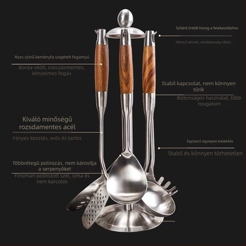 Rozsdamentes acélból készült kanál- és spatula készlet keményfa nyéllel – csúszásmentes, hőálló, hőszigetelés – modern minimalista konyhai készlet, modell GC4650121