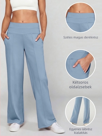 Női széles szárú nadrág, magas derekú, poliészter-spandex keverék, vasalásmentes, mindennapi elegáns stílus