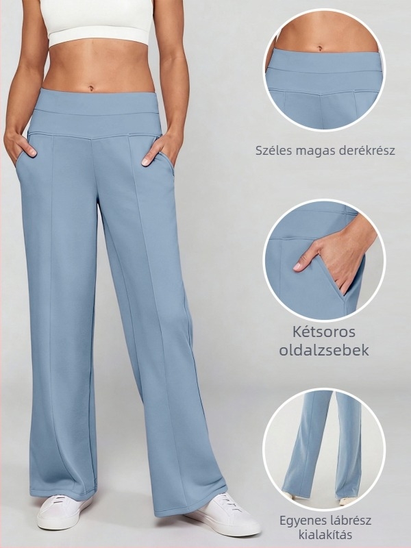 Női széles szárú nadrág, magas derekú, poliészter-spandex keverék, vasalásmentes, mindennapi elegáns stílus