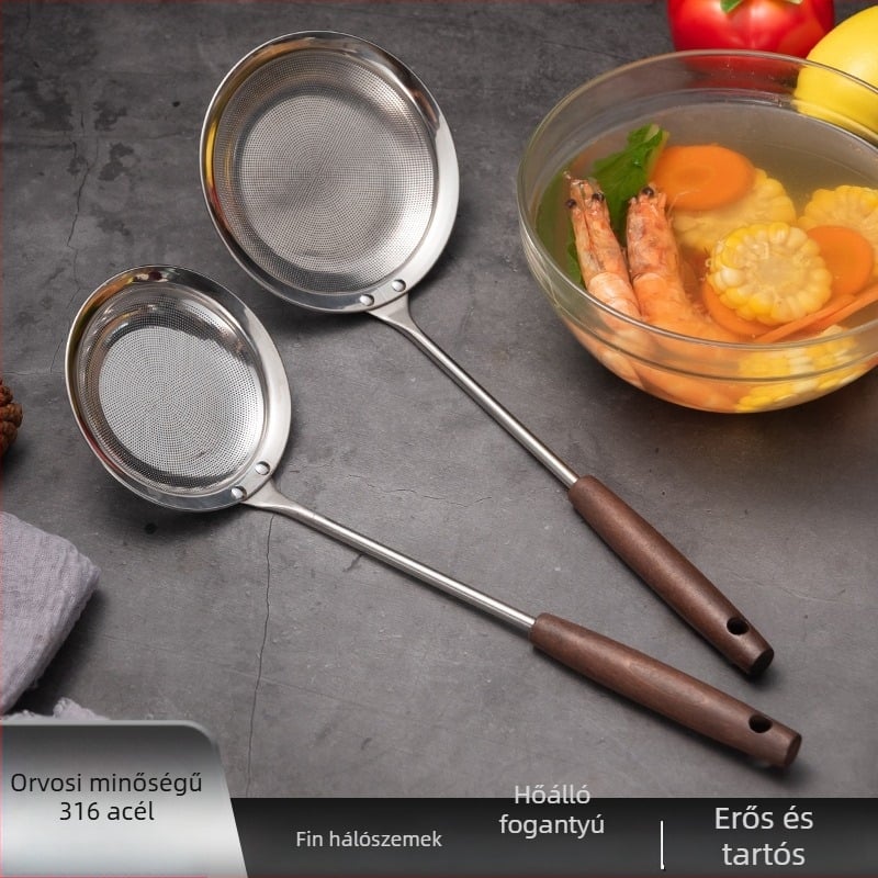 316 rozsdamentes acél, vastag habkanál, nyéllel – hálós szűrő sütéshez
