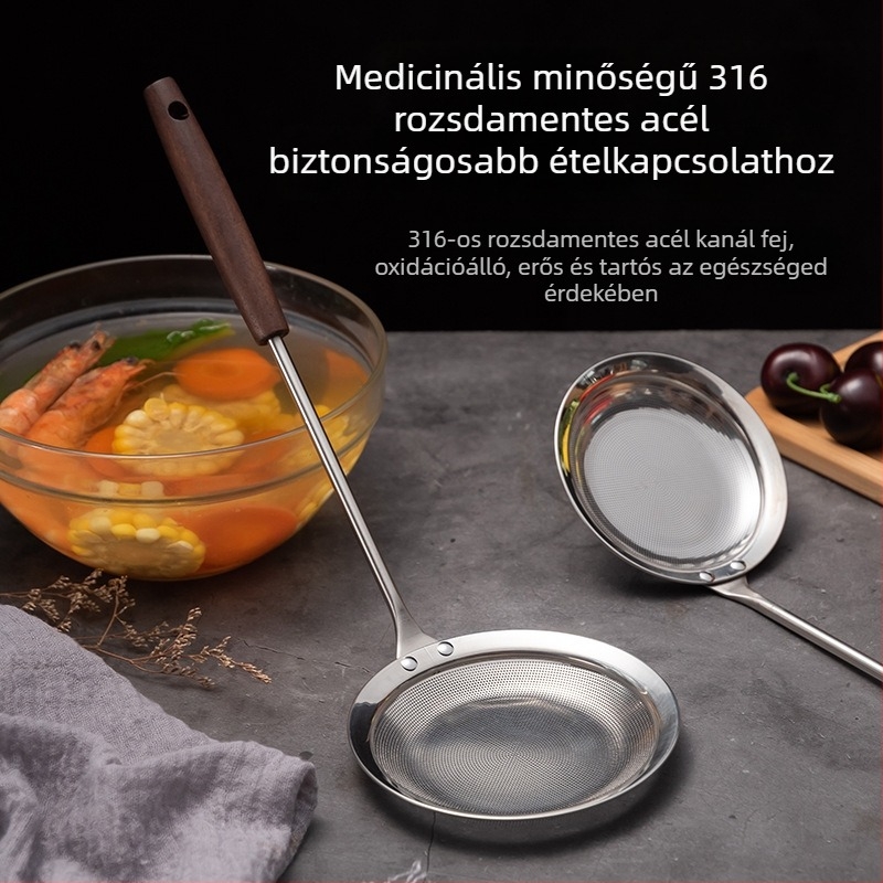 316 rozsdamentes acél, vastag habkanál, nyéllel – hálós szűrő sütéshez
