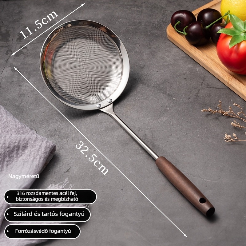 316 rozsdamentes acél, vastag habkanál, nyéllel – hálós szűrő sütéshez