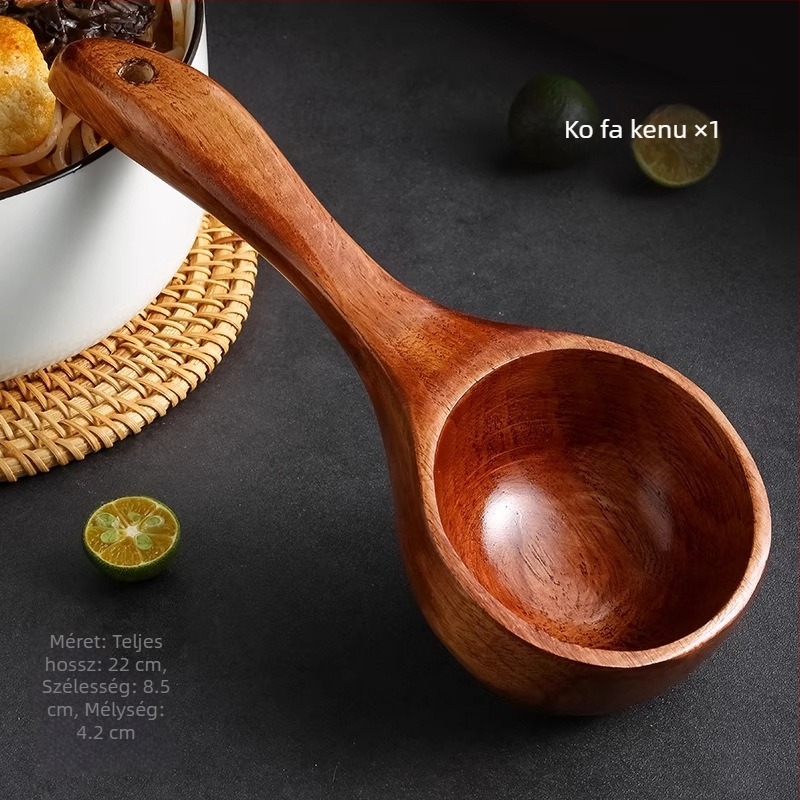 Főzőkanál fa nyéllel, modern minimalista stílus, hosszú nyél, ideálisan tészta és leveshez