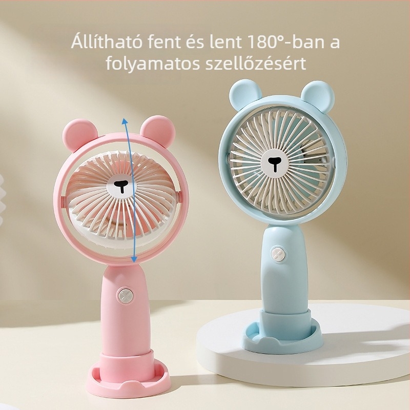 Kézi USB ventilátor — mini asztali modell, beépített 1200–2000mAh akkumulátor, 3 lapát, halk működés 36 dB alatt, üzemidő 8–12 óra