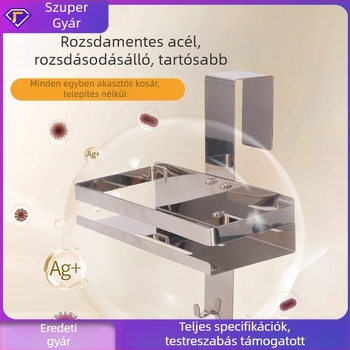 Fürdőszobai ajtó mögötti tároló rozsdamentes acélból, két szint, szívófejű kampóval, modern minimális stílusban