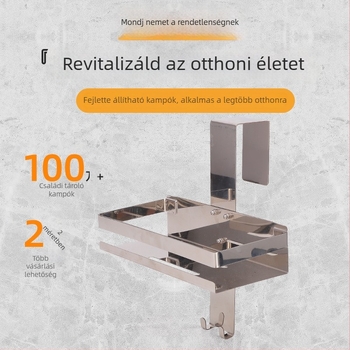 Fürdőszobai ajtó mögötti tároló rozsdamentes acélból, két szint, szívófejű kampóval, modern minimális stílusban