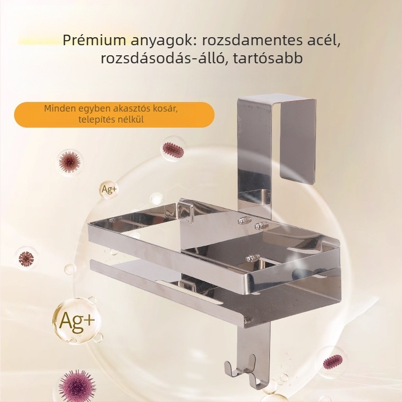 Fürdőszobai ajtó mögötti tároló rozsdamentes acélból, két szint, szívófejű kampóval, modern minimális stílusban