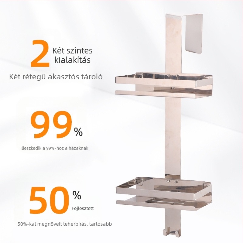 Fürdőszobai ajtó mögötti tároló rozsdamentes acélból, két szint, szívófejű kampóval, modern minimális stílusban