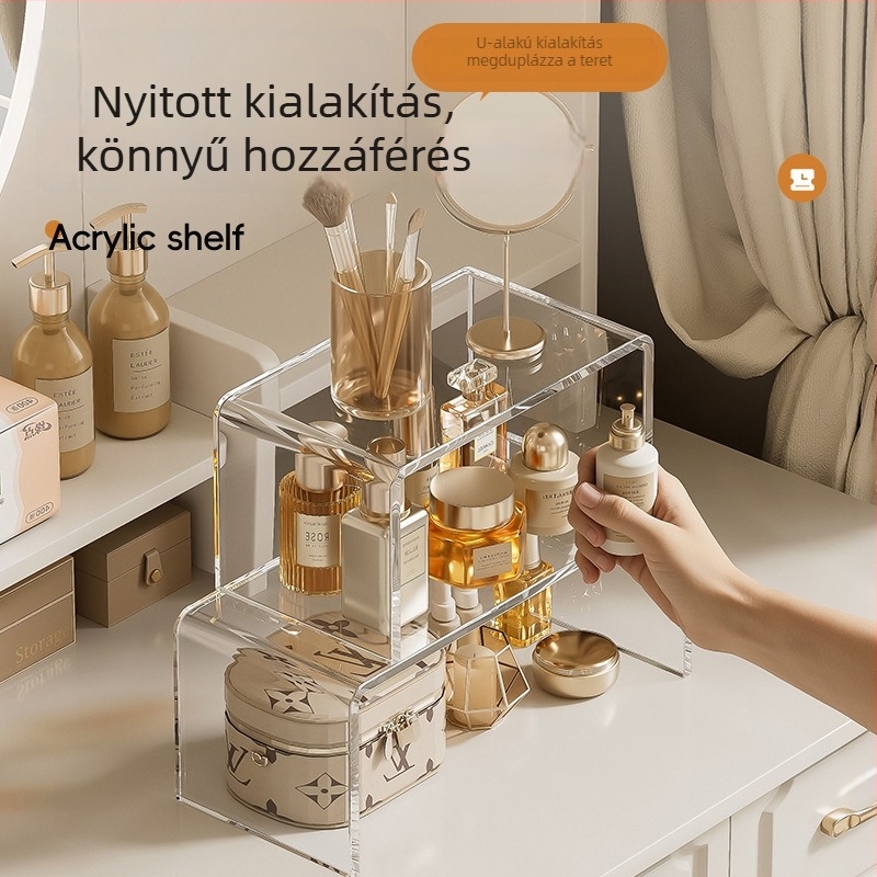 Akril asztali tároló, átlátszó 1-szintű kiállító polccal pohártartóval, telepítés nélkül, egyszerű modern dizájn