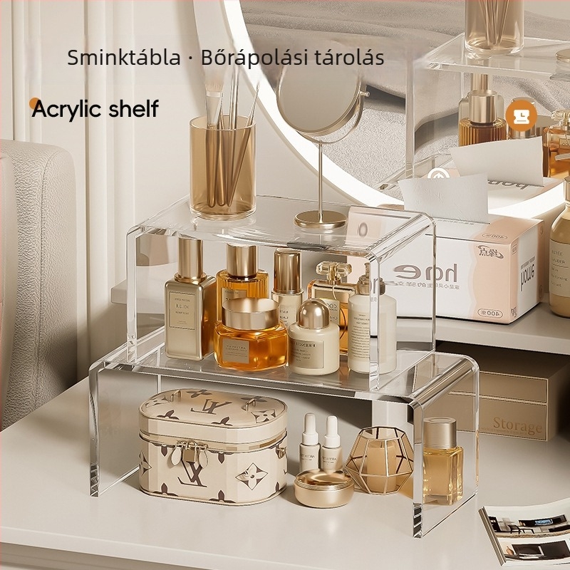 Akril asztali tároló, átlátszó 1-szintű kiállító polccal pohártartóval, telepítés nélkül, egyszerű modern dizájn