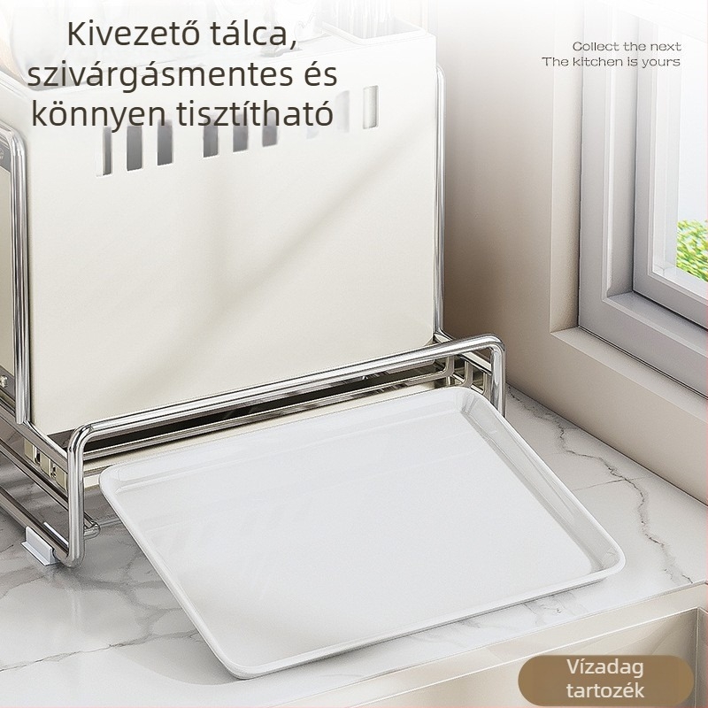 Sokoldalú konyhai kés-tároló állvány a pulton, drenálós funkcióval — mozgatható, szénacélból, pálcikátartóval és vágódeszka-tárolóval
