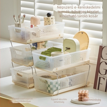 PP-anyagú, kihúzható és halmozható tárolókosár íróasztalhoz/kollégiumhoz – üreges dizájnnal, retro stílus (Model TB-2357 / TB-2477), könyvek, magazinok és kábelek számára
