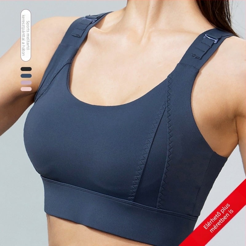 Formázott kosaras sportmelltartó, levehető vállpántokkal, hátul három soros kapocszár, nylon alapanyag fő rész, spandex bélés; futáshoz és edzéshez ideális.