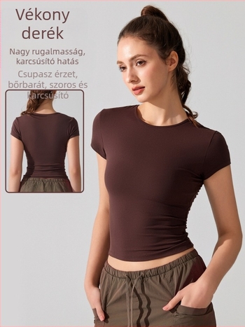 Jóga felső rövid ujjú, lélegző, gyorsan száradó anyag, Cloud Sense Pro szövet, 87,9% nylon, 12,1% spandex, karcsú szabás