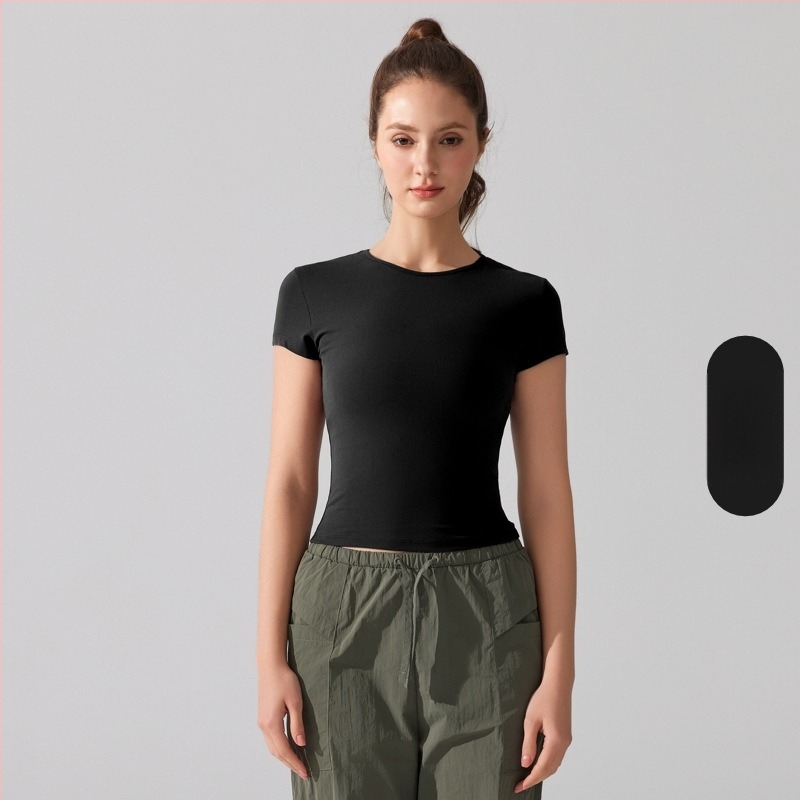 Jóga felső rövid ujjú, lélegző, gyorsan száradó anyag, Cloud Sense Pro szövet, 87,9% nylon, 12,1% spandex, karcsú szabás