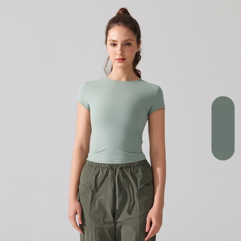 Jóga felső rövid ujjú, lélegző, gyorsan száradó anyag, Cloud Sense Pro szövet, 87,9% nylon, 12,1% spandex, karcsú szabás