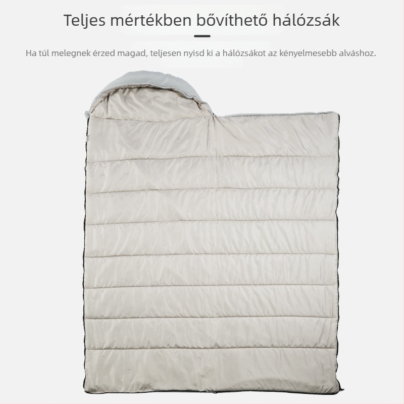 Szabadban használható boríték-stílusú, négy évszakos hálózsák; töltet: ragasztómentes pamut; bélés és anyag: Chunya Spinning; szerkezet: boríték; felnőtteknek megfelelő