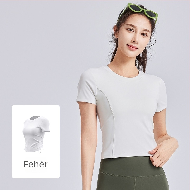 Női jóga felső melltartóbetéttel, rövid ujjú, pántok húzókötésekkel, szűk szabás, légáteresztő (Légáteresztő • Poliészter + Spandex • 82.5% + 17.5% • Rövid Ujjú • Szűk)