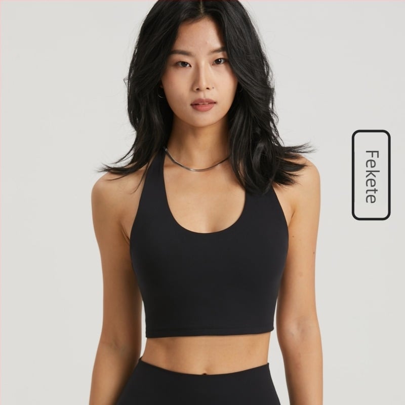 Sportmelltartó halterneknyakú, rögzített pántokkal, vezeték nélküli, 3/4 kosár, közepes formázás, NULS anyag (80% nylon / 20% spandex), hátsó támasz tánc sportokhoz