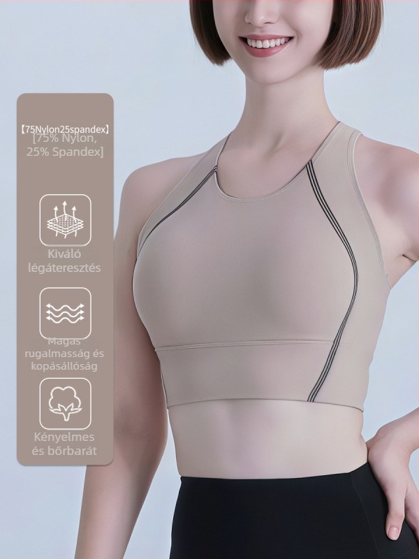 Sportmelltartó nylon anyagból 75%, belső spandex 25%, teljes kosár, középfokú formájú kosár, rögzített dupla vállpántok, dizájn egy darabból, ideális futáshoz és edzéshez