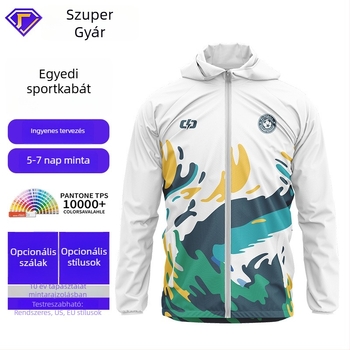 Kapucnis széldzseki teljes test sublimációs nyomtatással, hosszú ujjú, poliészter anyag, uniszex