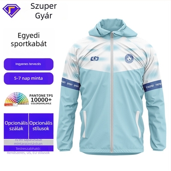 Kapucnis széldzseki teljes test sublimációs nyomtatással, hosszú ujjú, poliészter anyag, uniszex