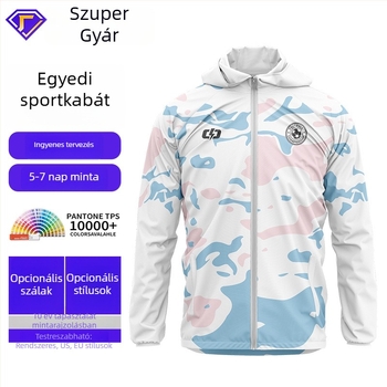 Kapucnis széldzseki teljes test sublimációs nyomtatással, hosszú ujjú, poliészter anyag, uniszex