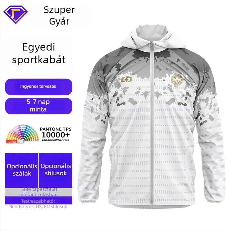 Kapucnis széldzseki teljes test sublimációs nyomtatással, hosszú ujjú, poliészter anyag, uniszex