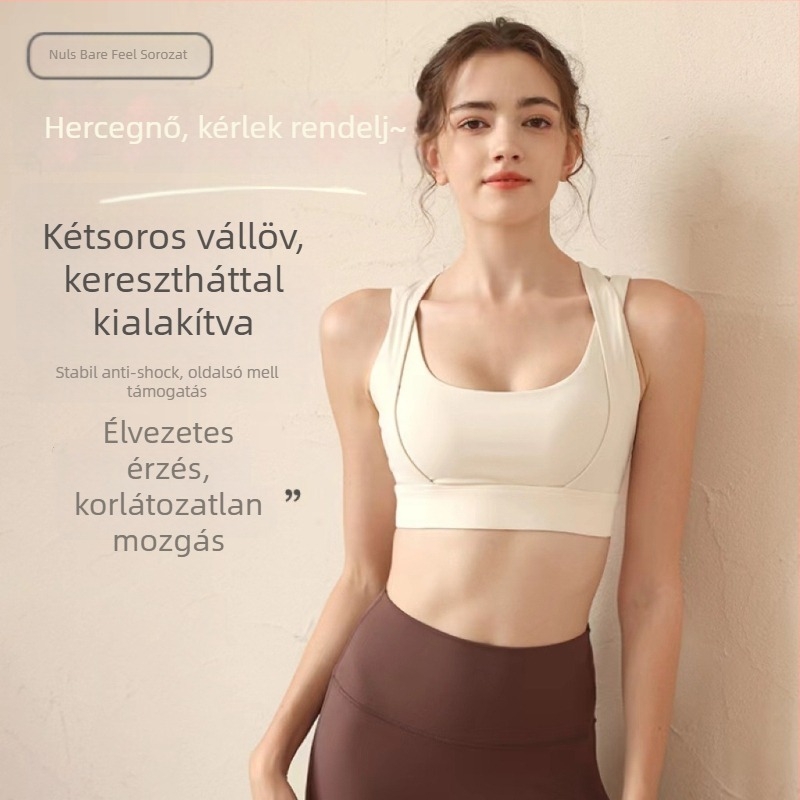 Női párnázott sportmelltartó futáshoz, külső viselethez – teljes kosár, formázott kosár, rögzített dupla vállpántok, hátul három sor kapocs-zárás; fő anyag: Nylon 75%, bélés: Spandex 25%