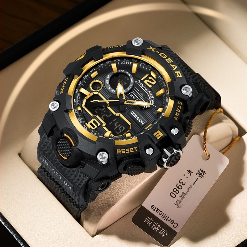 Oniga taktikai férfiaknak szánt többfunkciós óra ötvözetből, világító naptárral és 24 órás kijelzővel, elektronikus mozgású japán dupla kijelzős mechanizmus, 30M vízálló, tokozás: ötvözet, szíj: műanyag