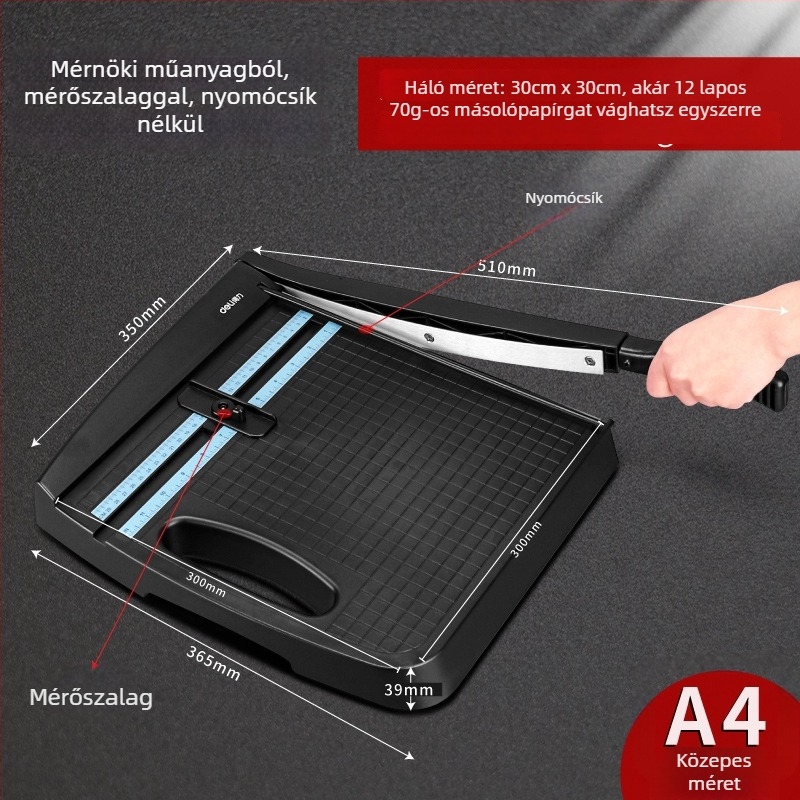 Deli 8051A A4 papírvágó – hordozható, műanyag test, modell 8051A, maximális vágási méret A4