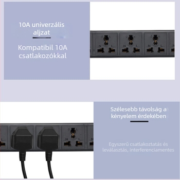 Kábeles aljzat PDU szekrényhez, 10A, 2500W, lángálló PC ház, számítógépes szekrényhez