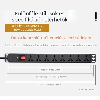 Kábeles aljzat PDU szekrényhez, 10A, 2500W, lángálló PC ház, számítógépes szekrényhez